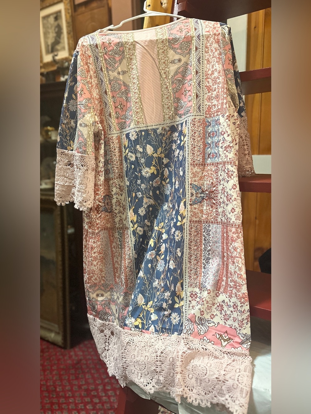 Source Unknown Floral Patchwork Lace Kimono - Pink, Blue, Cream